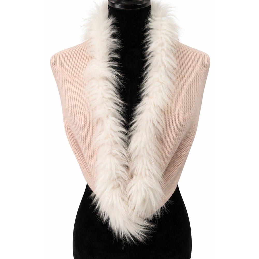 CAbi‎ Womens Infinity Scarf One Size Beige Knit Faux Fur Trim 100% Cotton